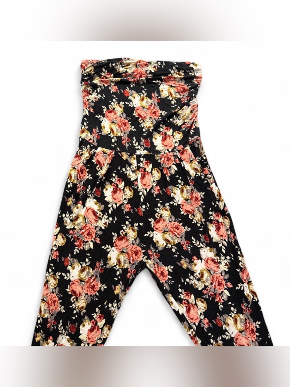 American Dream Strapless Floral Jumpsuit - Black with Pink & Cream Flowers
